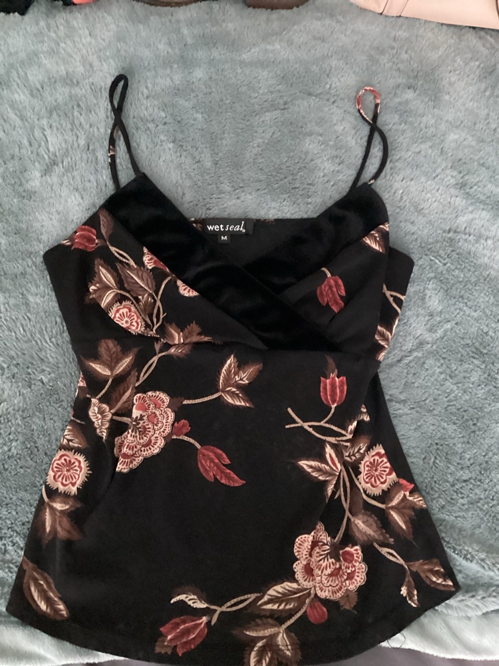 Wetseal floral velvet camisole top w/ crossover draped bust, size M